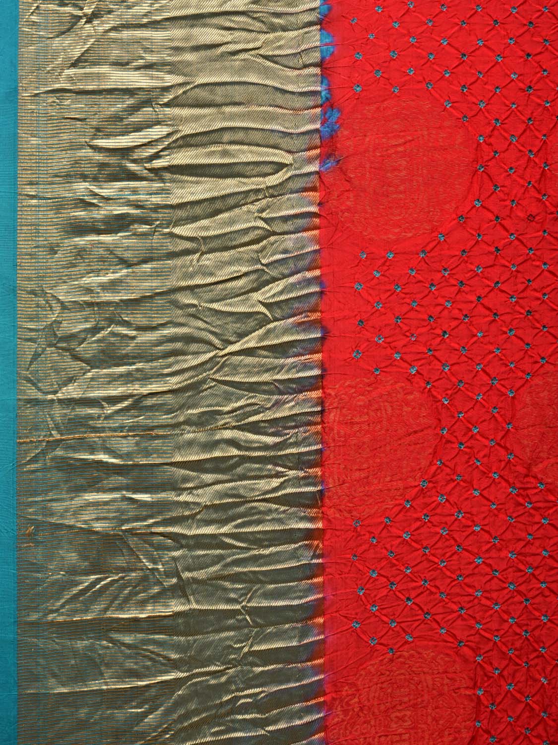 Red and Teal Bandhani Kanchipuram Silk Handloom Saree with Big Buta Design - Global Threads | Grocsy