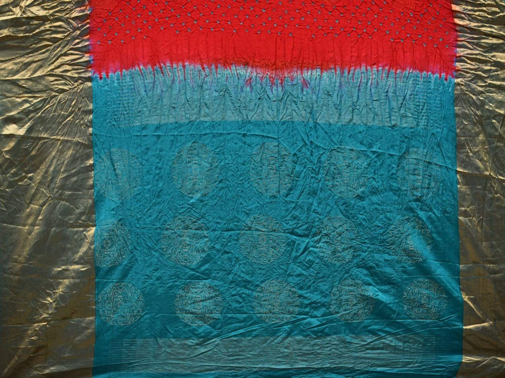 Red and Teal Bandhani Kanchipuram Silk Handloom Saree with Big Buta Design - Global Threads | Grocsy