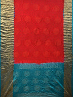 Red and Teal Bandhani Kanchipuram Silk Handloom Saree with Big Buta Design - Global Threads | Grocsy