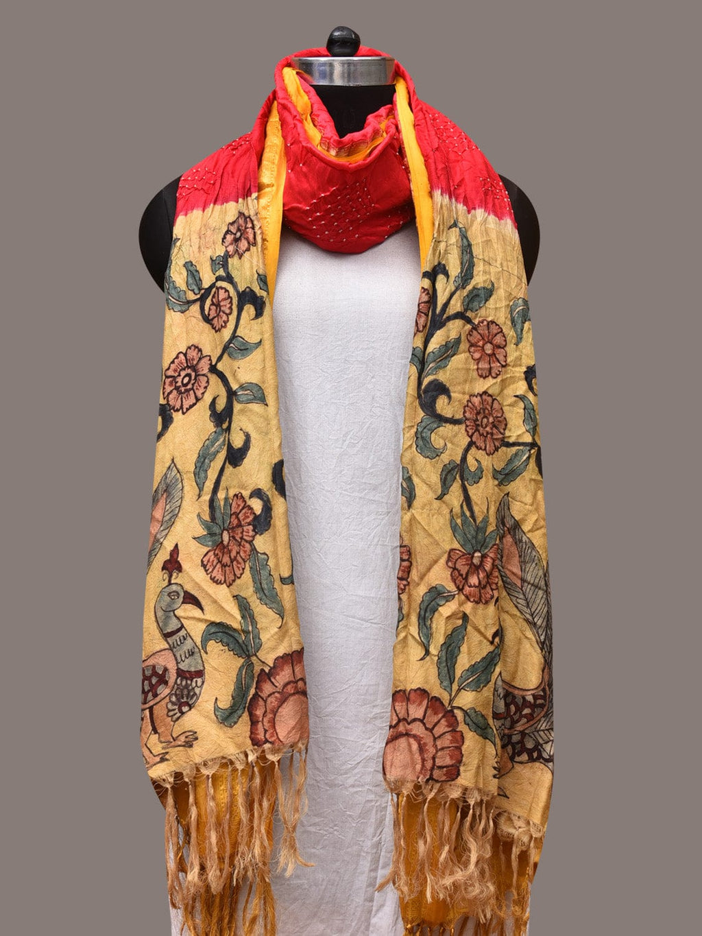 Red and Yellow Bandhani Kanchipuram Silk Handloom Dupatta with Kalamkari Design - Global Threads | Grocsy
