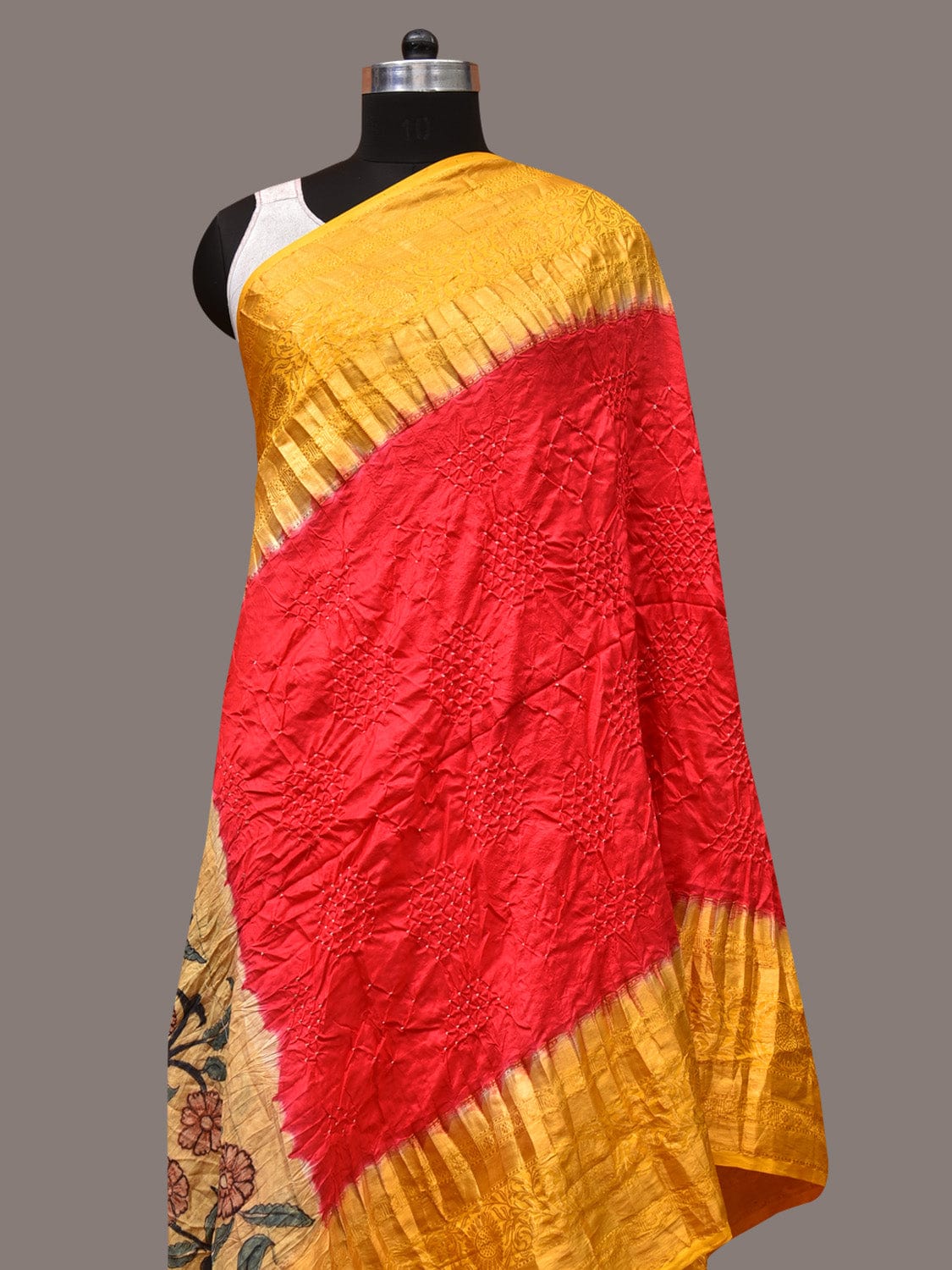 Red and Yellow Bandhani Kanchipuram Silk Handloom Dupatta with Kalamkari Design - Global Threads | Grocsy
