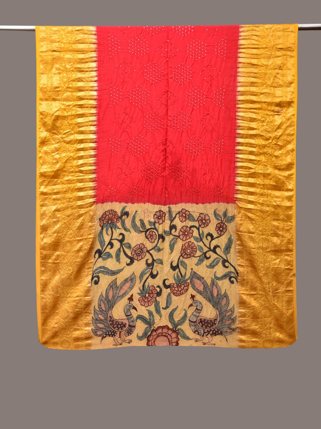 Red and Yellow Bandhani Kanchipuram Silk Handloom Dupatta with Kalamkari Design - Global Threads | Grocsy