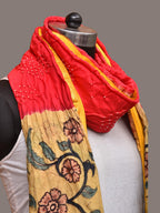 Red and Yellow Bandhani Kanchipuram Silk Handloom Dupatta with Kalamkari Design - Global Threads | Grocsy