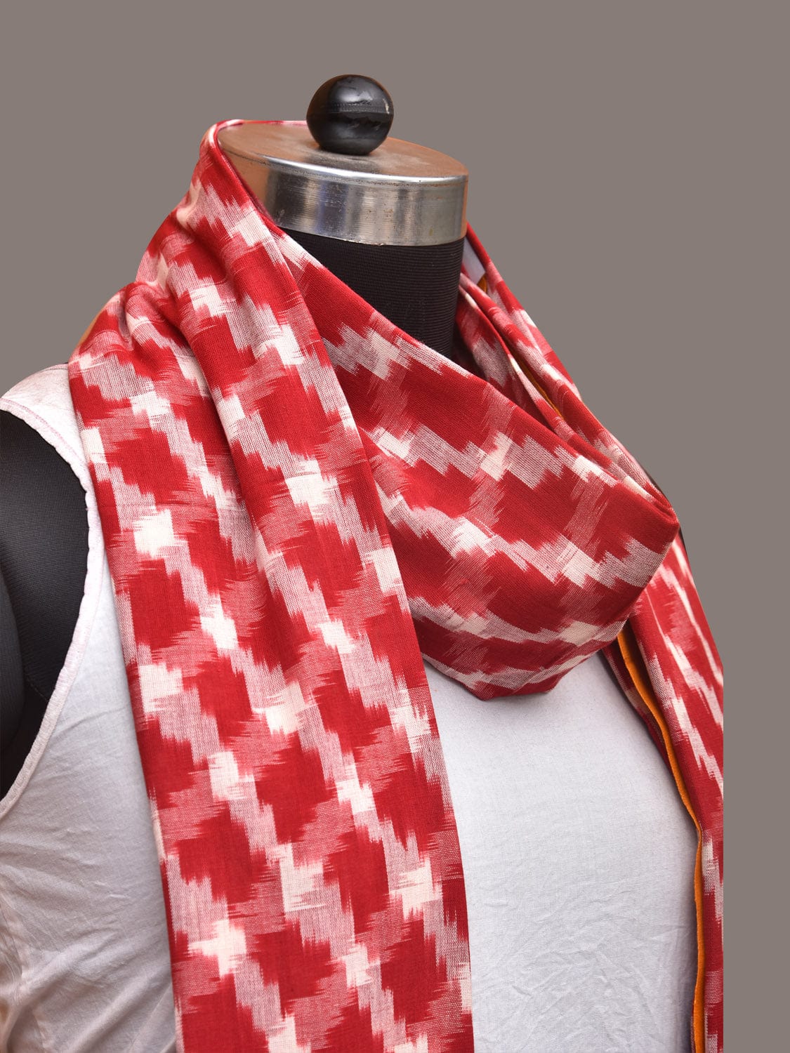 Red and Yellow Pochamaplly Ikat Cotton Handloom Dupatta with Grill Design - Global Threads | Grocsy