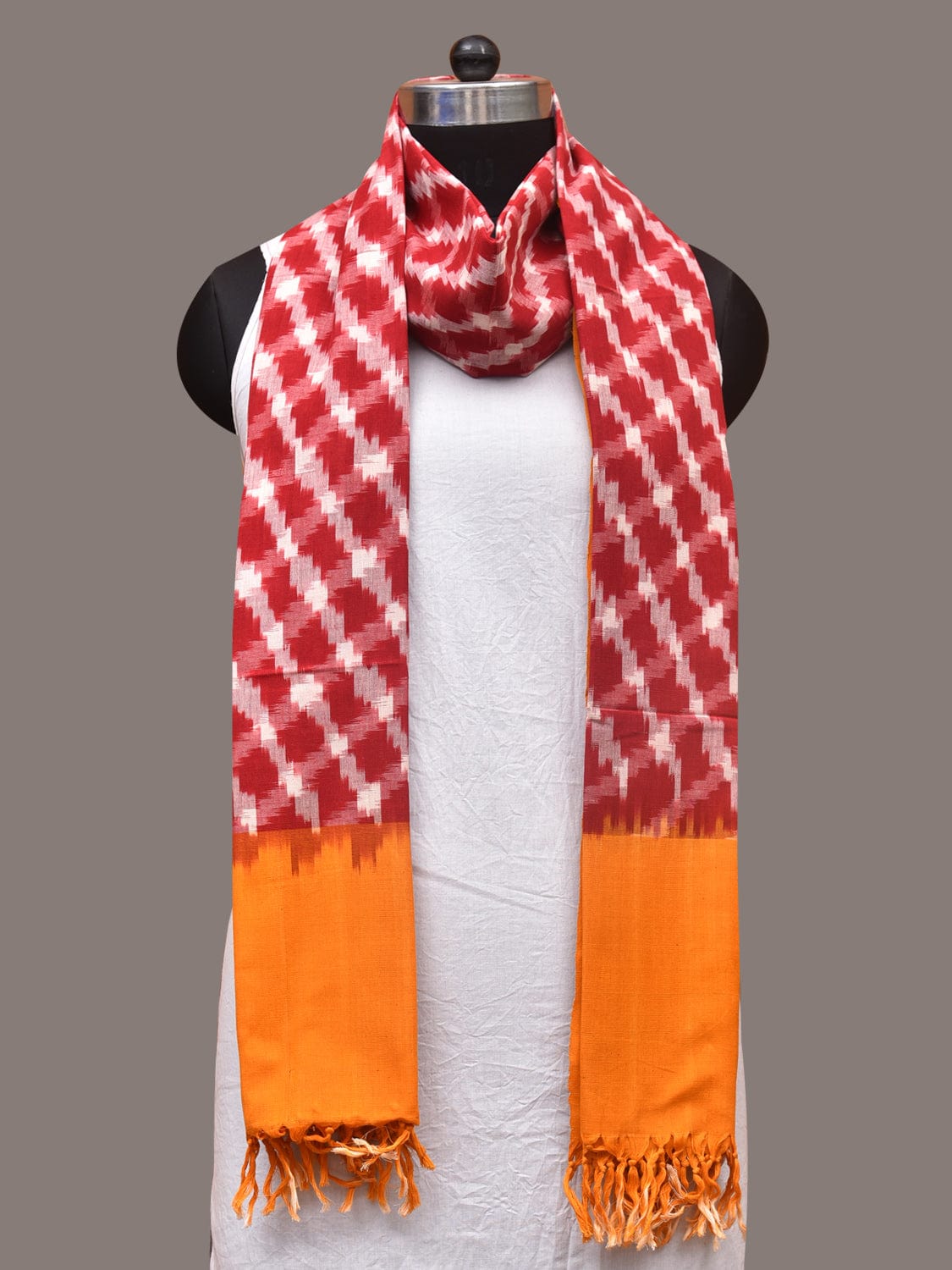 Red and Yellow Pochamaplly Ikat Cotton Handloom Dupatta with Grill Design - Global Threads | Grocsy