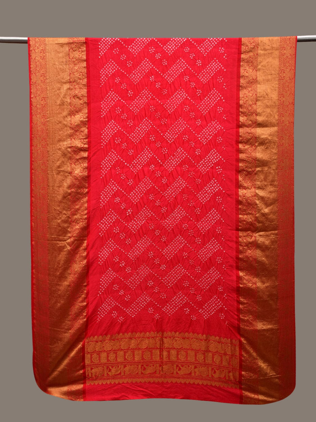 Red Bandhani Kanchipuram Silk Handloom Dupatta with Border Design - Global Threads | Grocsy