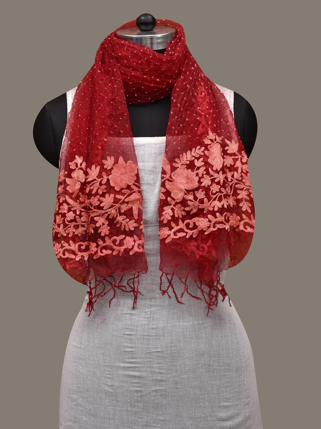 Red Bandhani Organza Stole with Embroidary Work Design - Global Threads | Grocsy