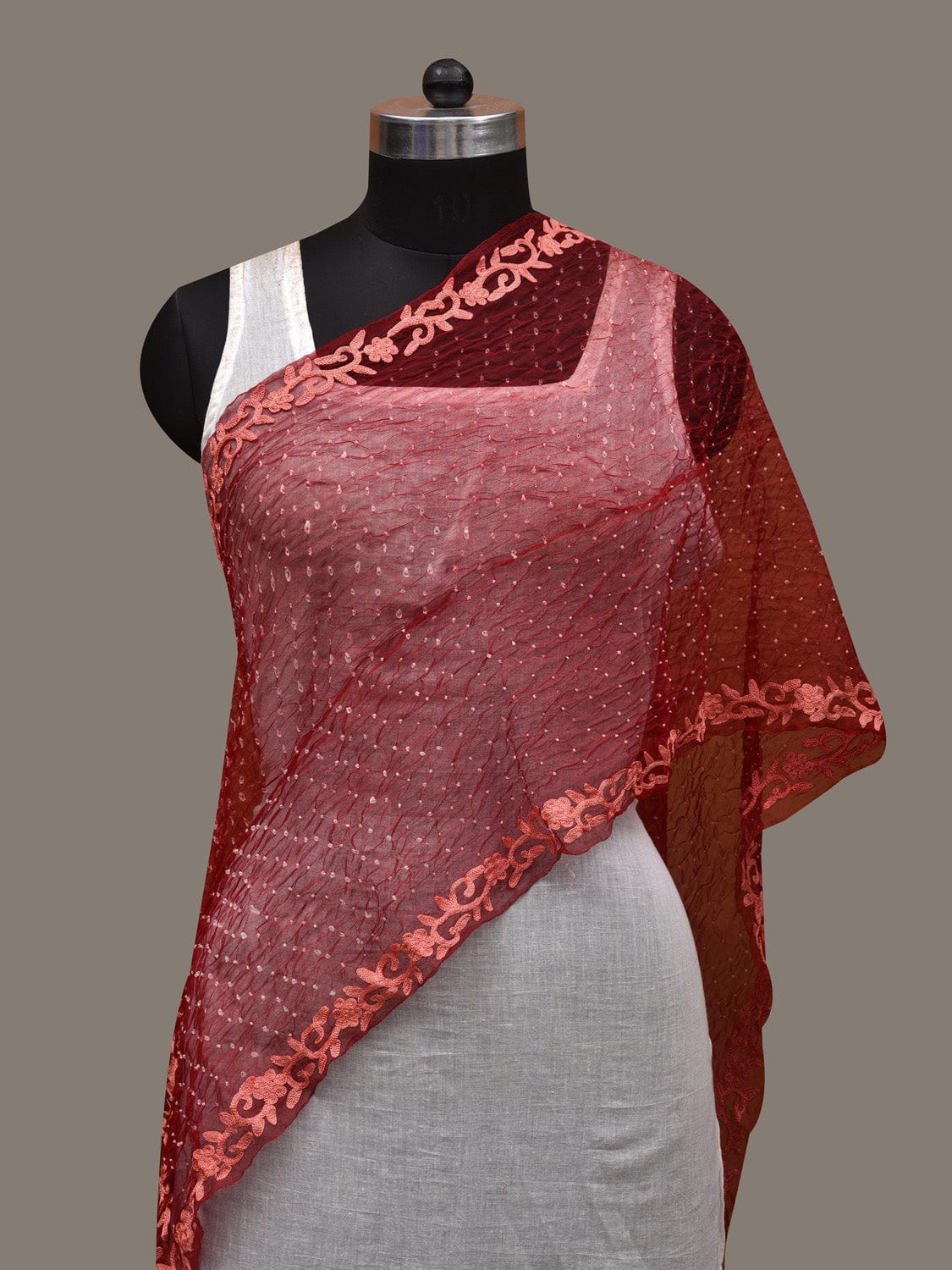 Red Bandhani Organza Stole with Embroidary Work Design - Global Threads | Grocsy