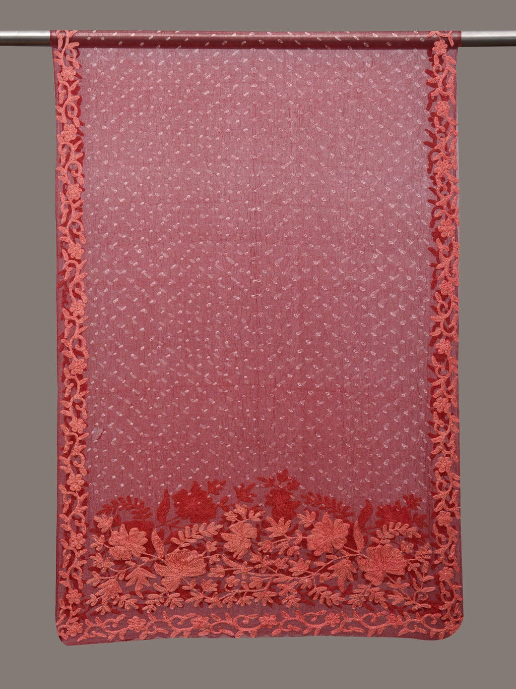 Red Bandhani Organza Stole with Embroidary Work Design - Global Threads | Grocsy