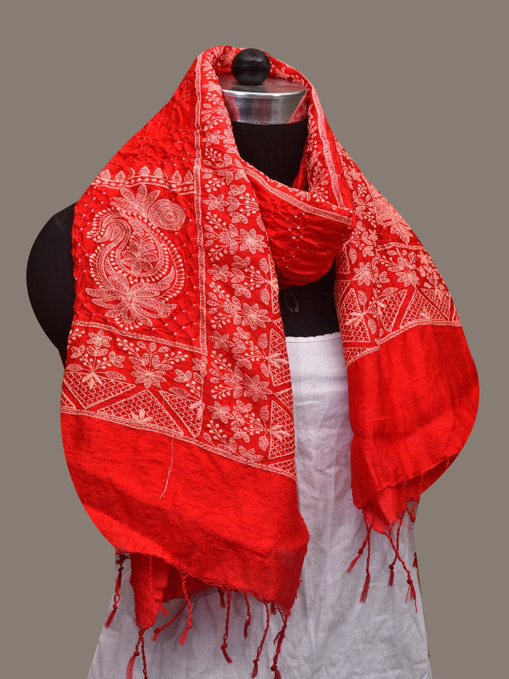 Red Bandhani Silk Stole with Embroidary Work Design - Global Threads | Grocsy