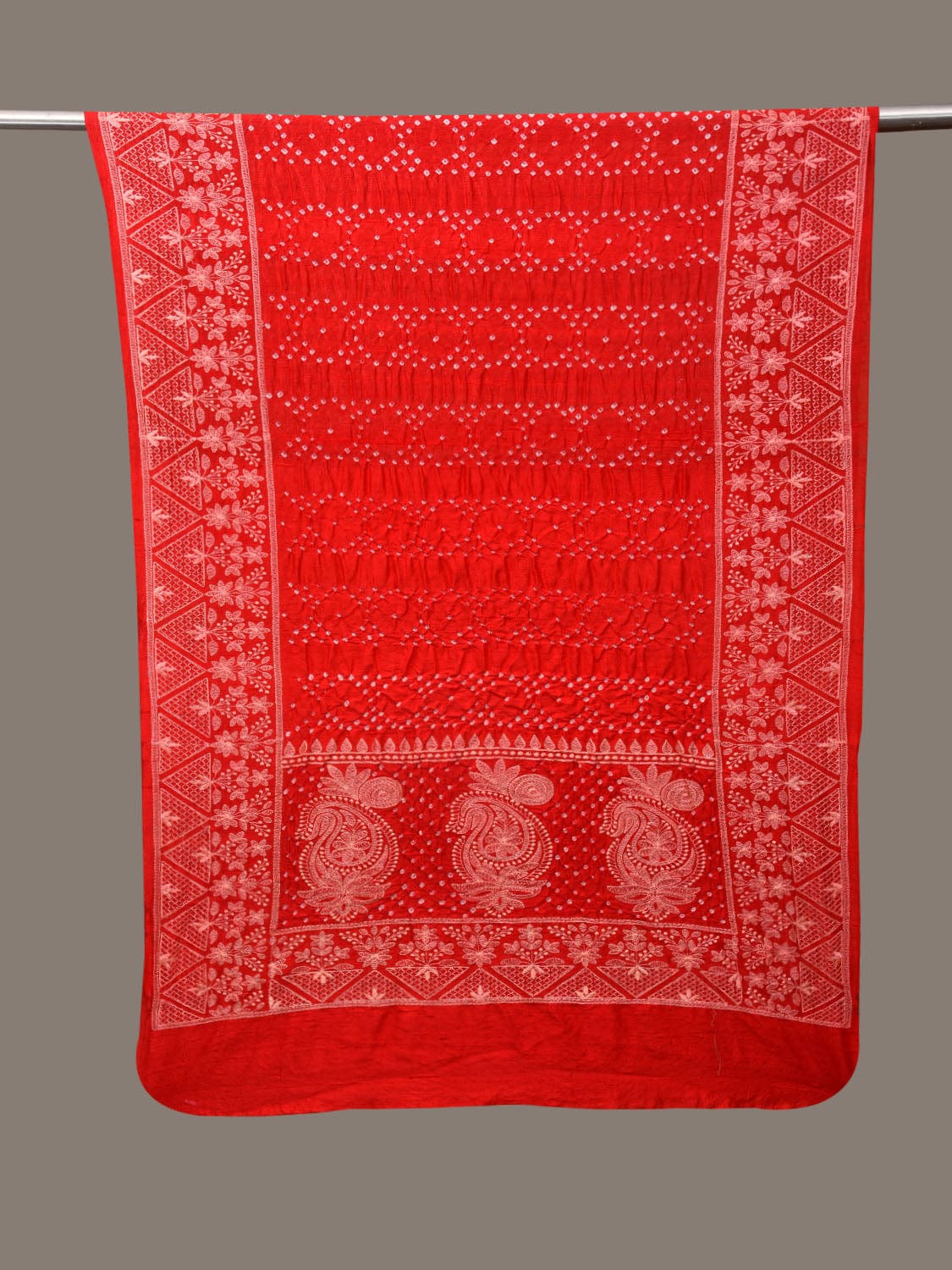 Red Bandhani Silk Stole with Embroidary Work Design - Global Threads | Grocsy