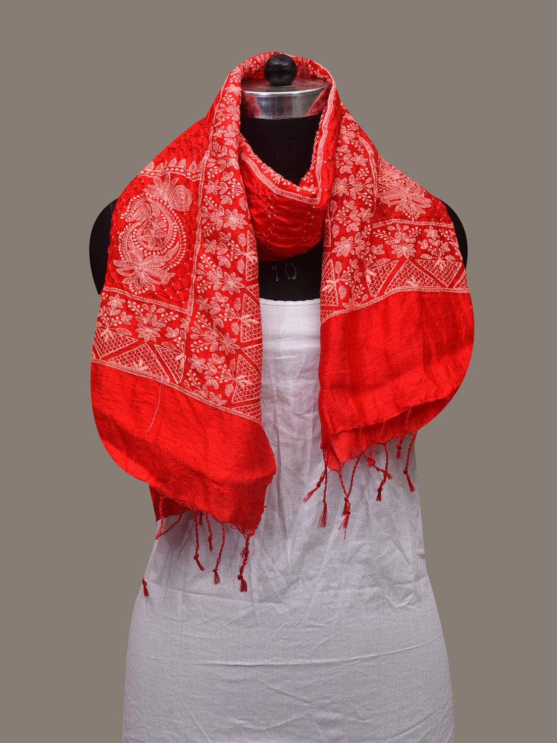 Red Bandhani Silk Stole with Embroidary Work Design - Global Threads | Grocsy