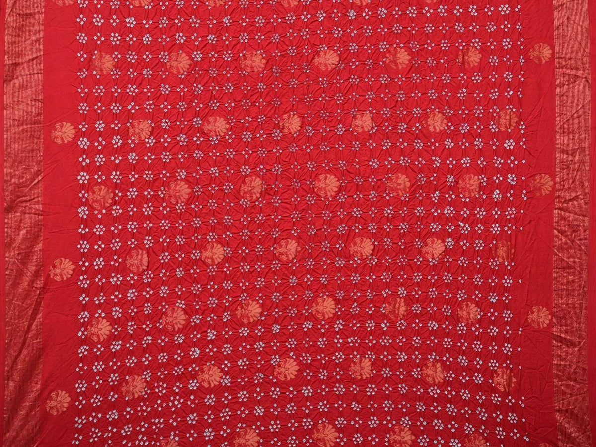 Red Bandhani Uppada Silk Handloom Saree with Nilambari Buta Design - Global Threads | Grocsy