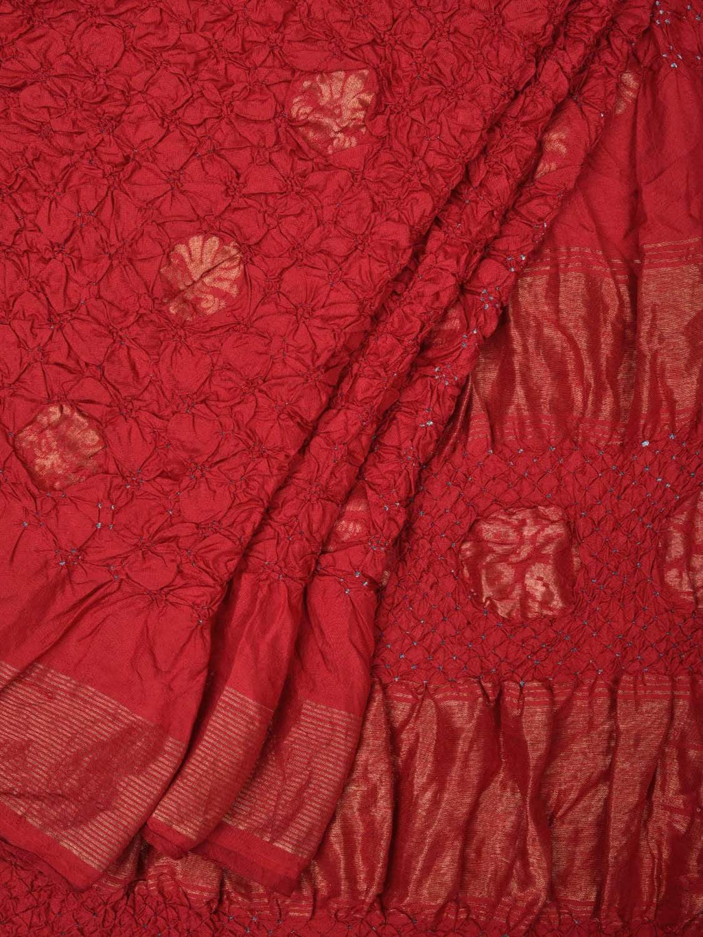 Red Bandhani Uppada Silk Handloom Saree with Nilambari Buta Design - Global Threads | Grocsy