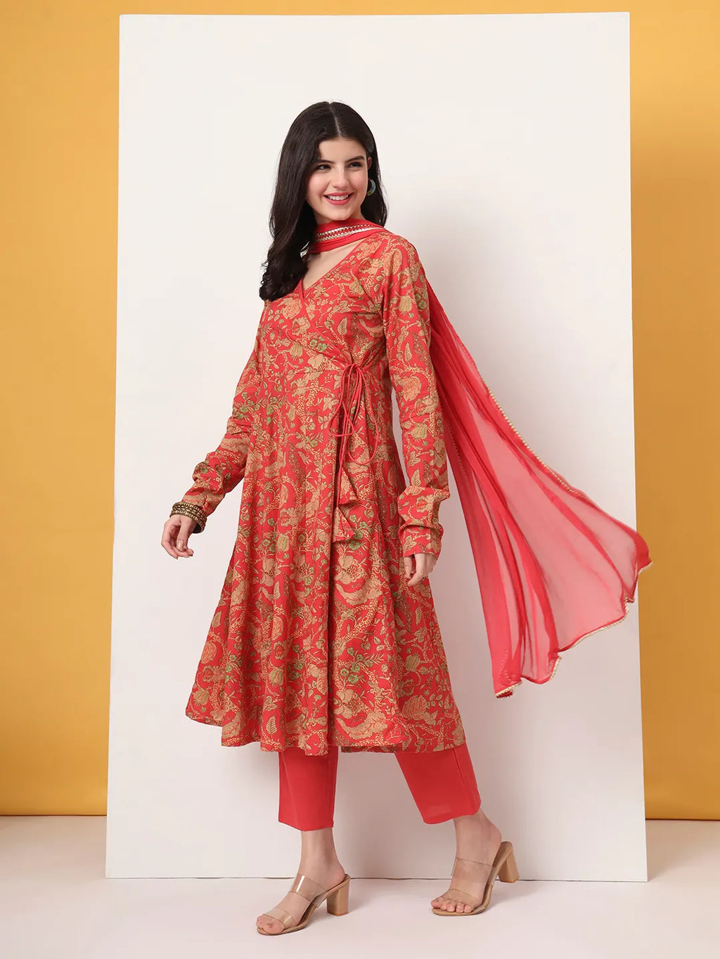Yufta Red Cotton Anarkali Kurta With Dobby Dupatta Set | Grocsy