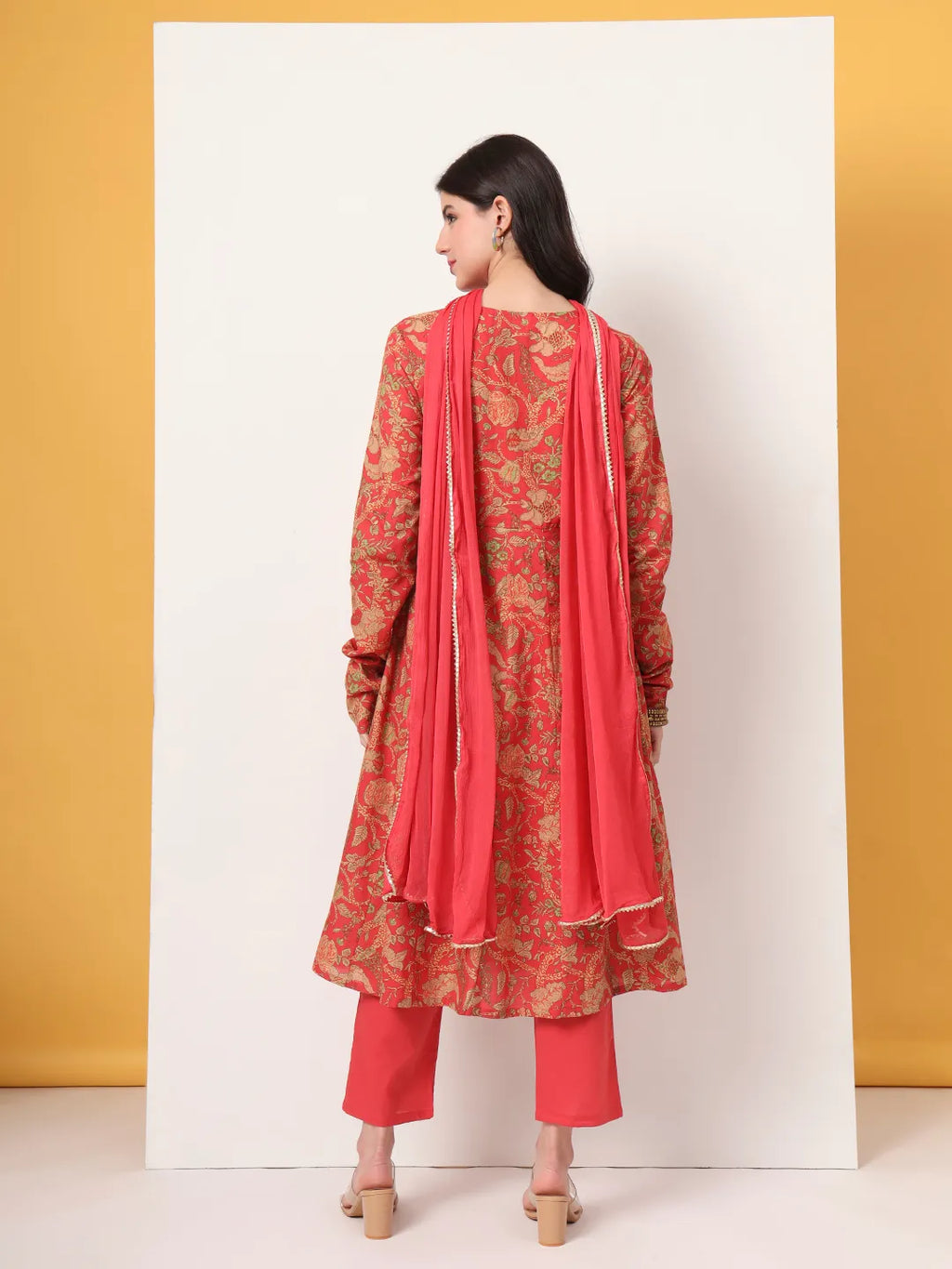 Yufta Red Cotton Anarkali Kurta With Dobby Dupatta Set | Grocsy
