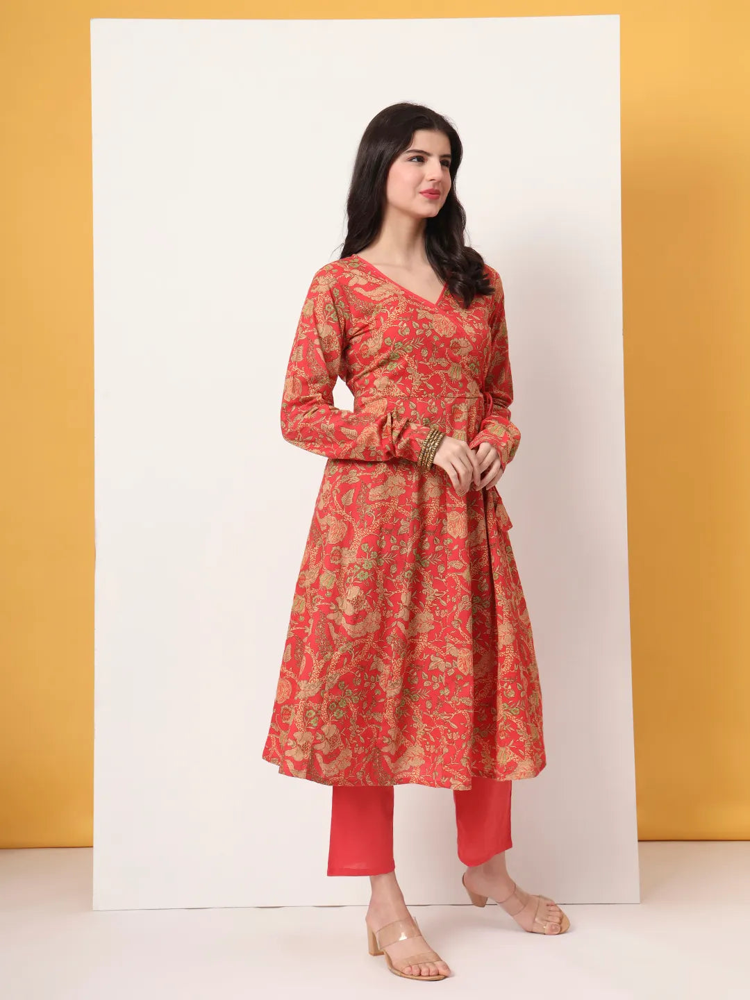 Yufta Red Cotton Anarkali Kurta With Dobby Dupatta Set | Grocsy