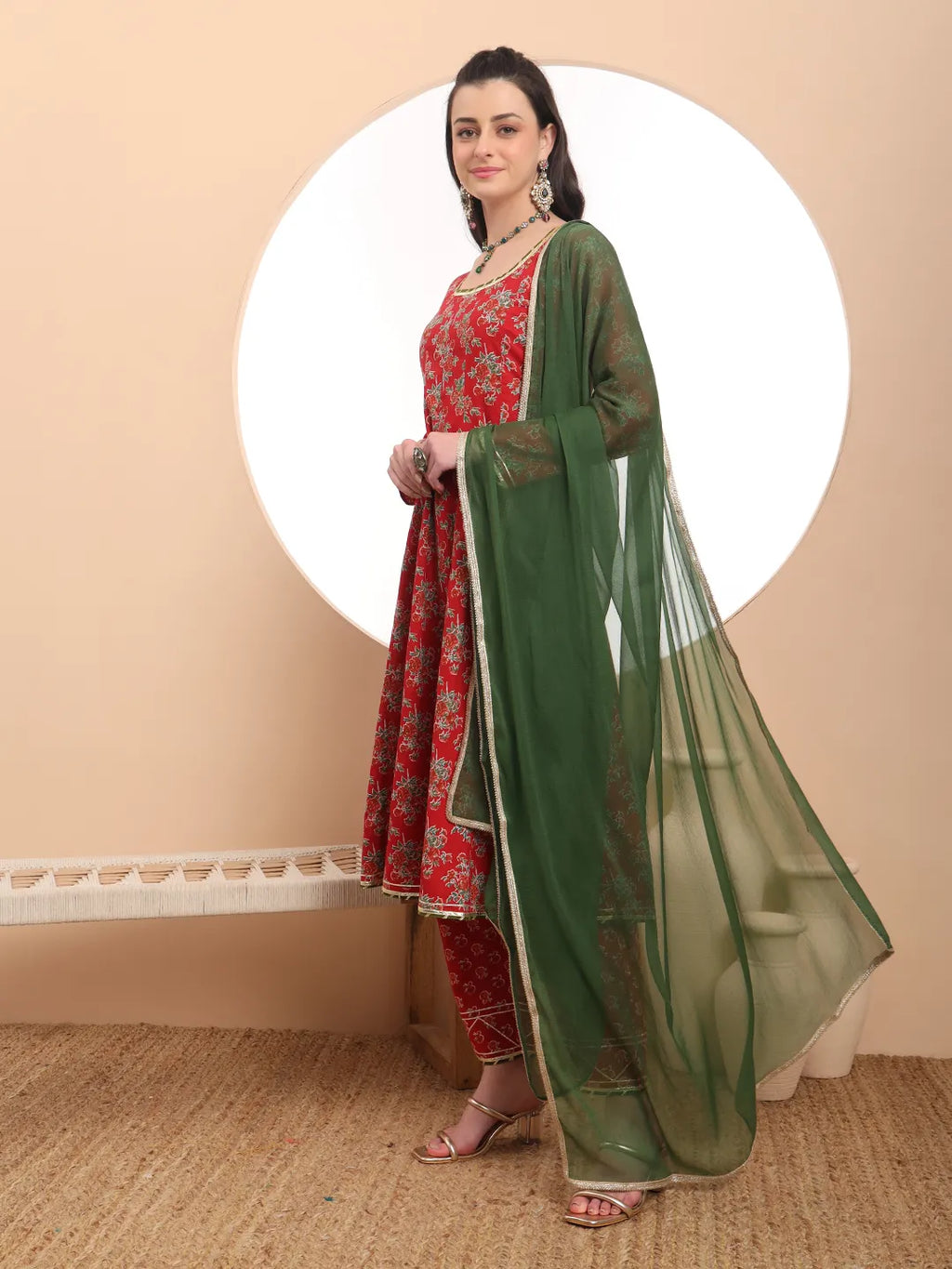 Yufta Red Cotton Long Sleeve Anarkali Kurta Dupatta Set | Grocsy