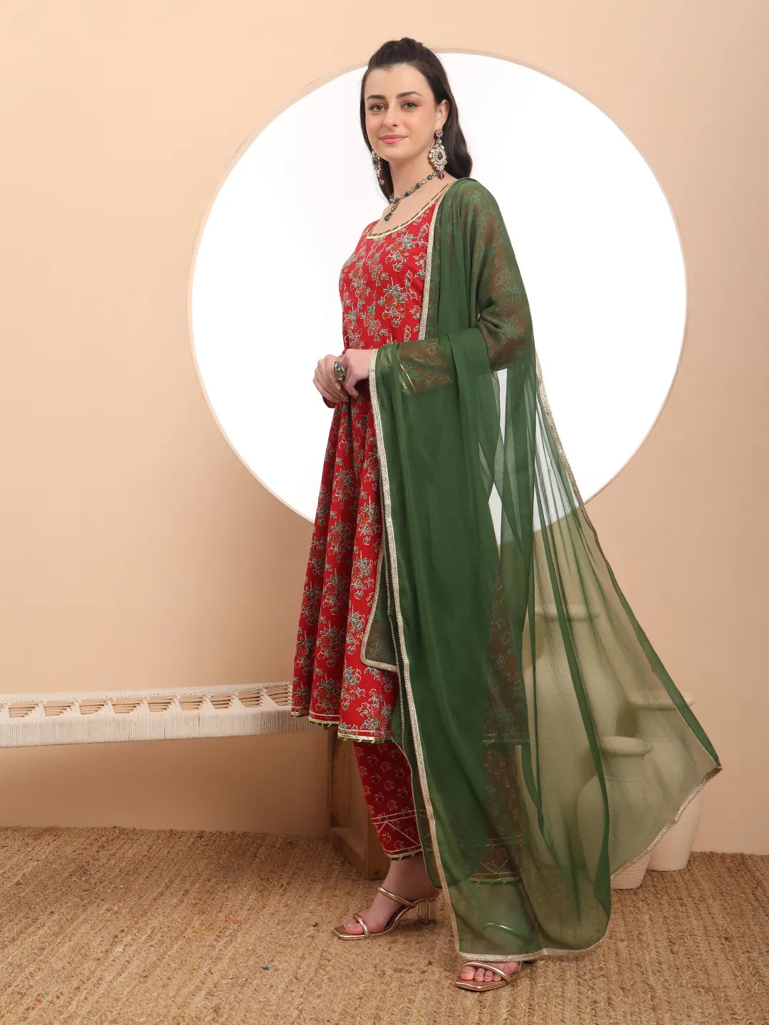 Yufta Red Cotton Long Sleeve Anarkali Kurta Dupatta Set | Grocsy