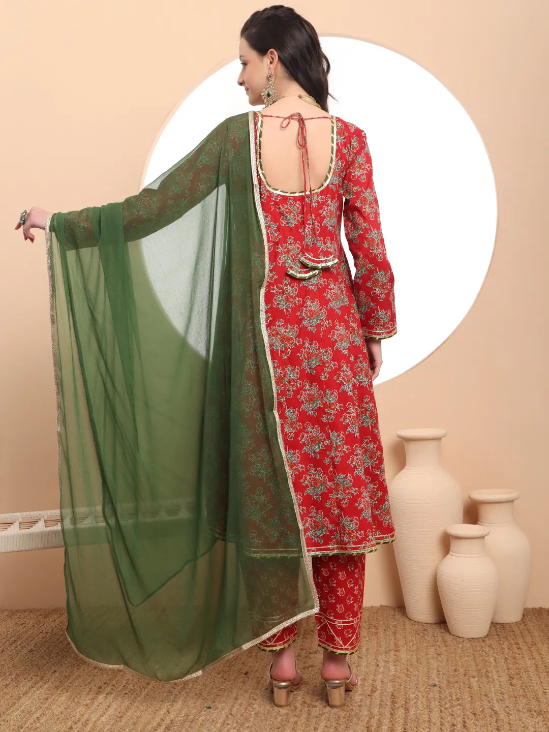Yufta Red Cotton Long Sleeve Anarkali Kurta Dupatta Set | Grocsy
