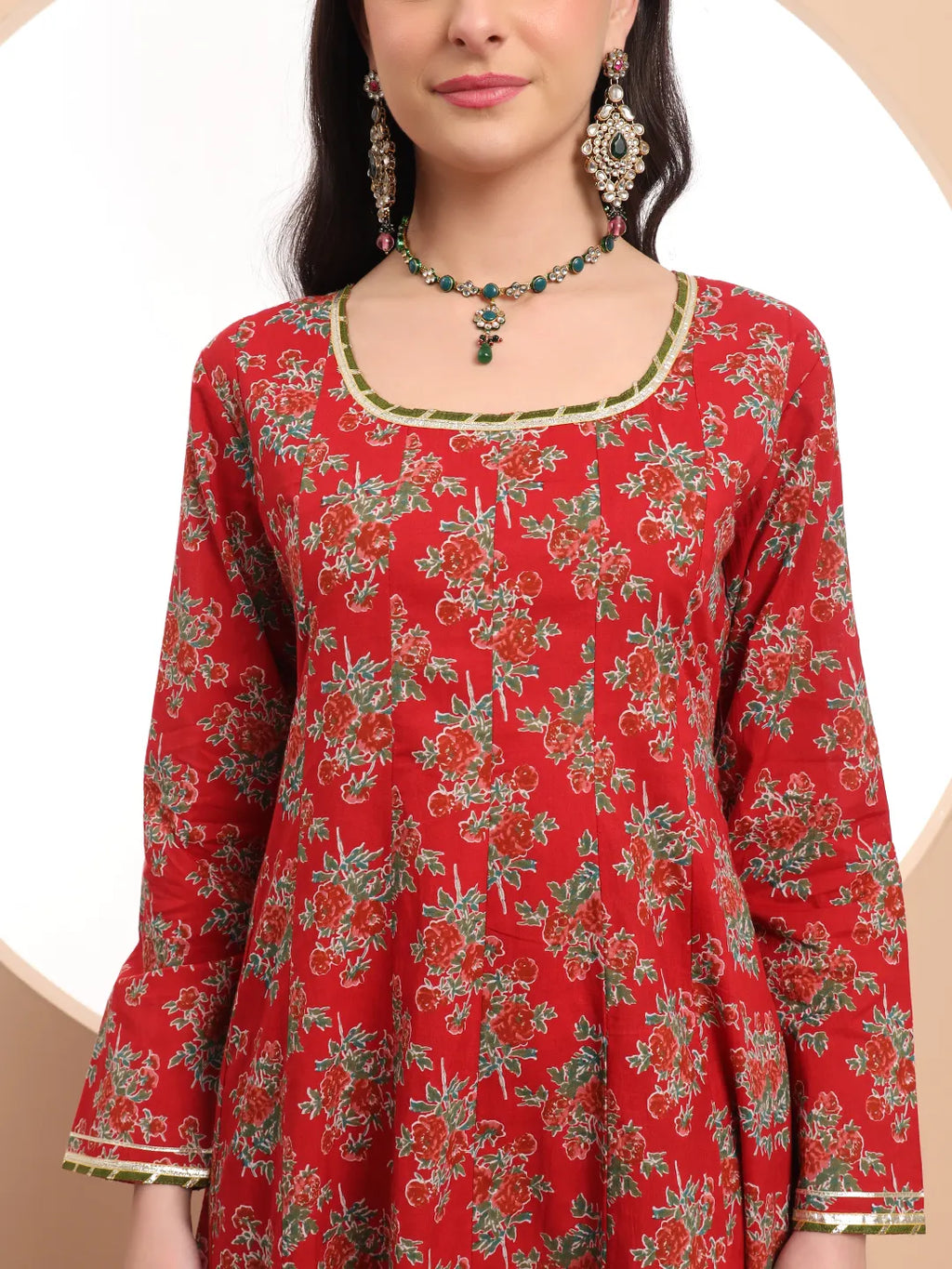 Yufta Red Cotton Long Sleeve Anarkali Kurta Dupatta Set | Grocsy