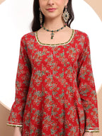 Yufta Red Cotton Long Sleeve Anarkali Kurta Dupatta Set | Grocsy