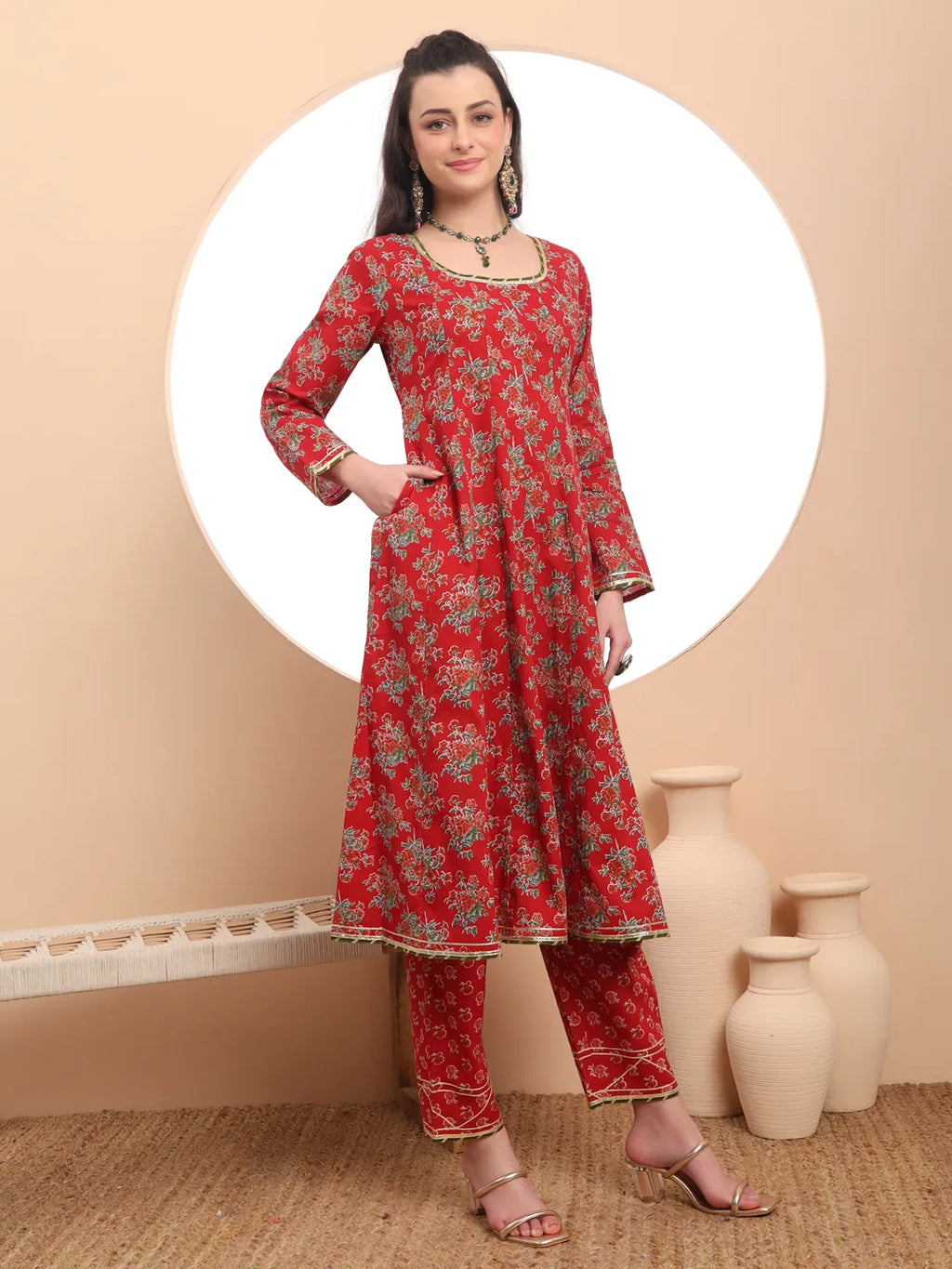 Yufta Red Cotton Long Sleeve Anarkali Kurta Dupatta Set | Grocsy