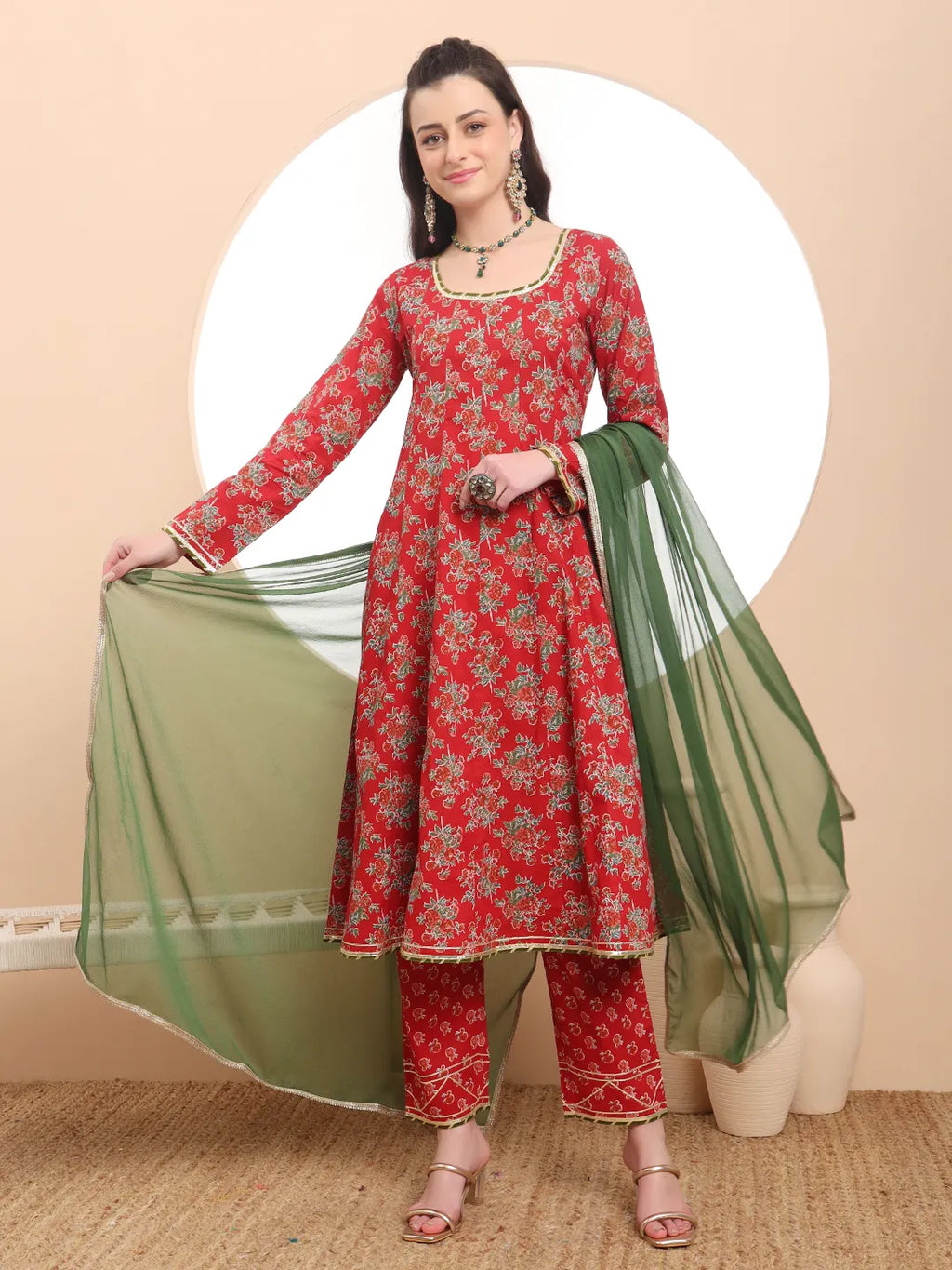 Yufta Red Cotton Long Sleeve Anarkali Kurta Dupatta Set | Grocsy