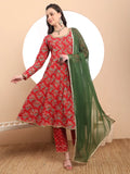 Yufta Red Cotton Long Sleeve Anarkali Kurta Dupatta Set | Grocsy