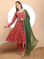 Yufta Red Cotton Long Sleeve Anarkali Kurta Dupatta Set | Grocsy
