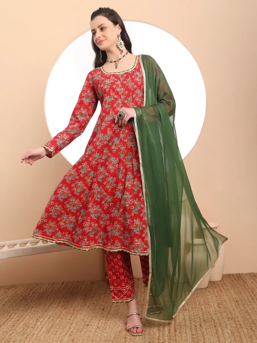 Yufta Red Cotton Long Sleeve Anarkali Kurta Dupatta Set | Grocsy