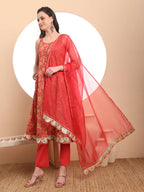 Yufta Red Cotton Sleeveless Anarkali Kurta Dupatta Set | Grocsy