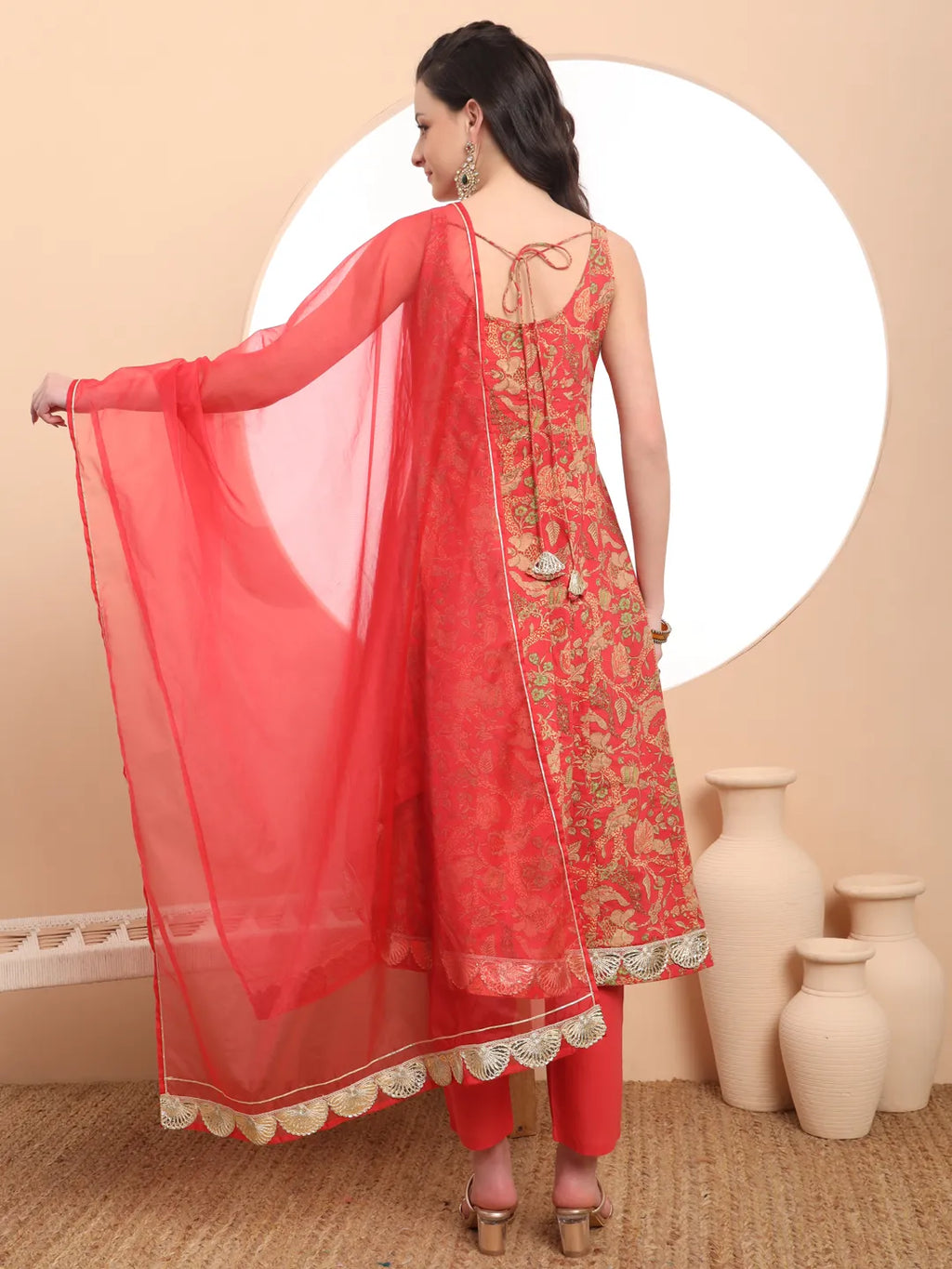 Yufta Red Cotton Sleeveless Anarkali Kurta Dupatta Set | Grocsy