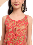 Yufta Red Cotton Sleeveless Anarkali Kurta Dupatta Set | Grocsy