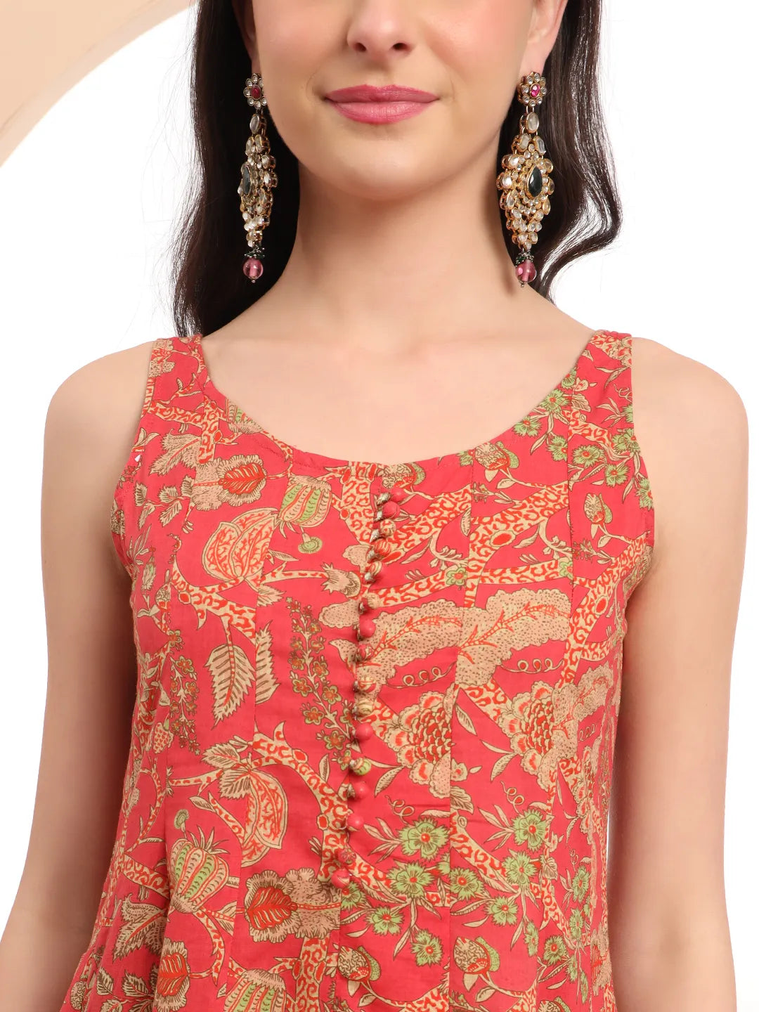 Yufta Red Cotton Sleeveless Anarkali Kurta Dupatta Set | Grocsy