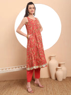 Yufta Red Cotton Sleeveless Anarkali Kurta Dupatta Set | Grocsy