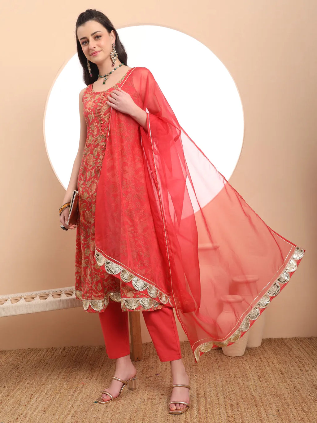 Yufta Red Cotton Sleeveless Anarkali Kurta Dupatta Set | Grocsy