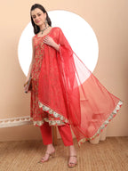 Yufta Red Cotton Sleeveless Anarkali Kurta Dupatta Set | Grocsy