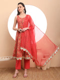 Yufta Red Cotton Sleeveless Anarkali Kurta Dupatta Set | Grocsy