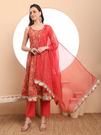 Yufta Red Cotton Sleeveless Anarkali Kurta Dupatta Set | Grocsy