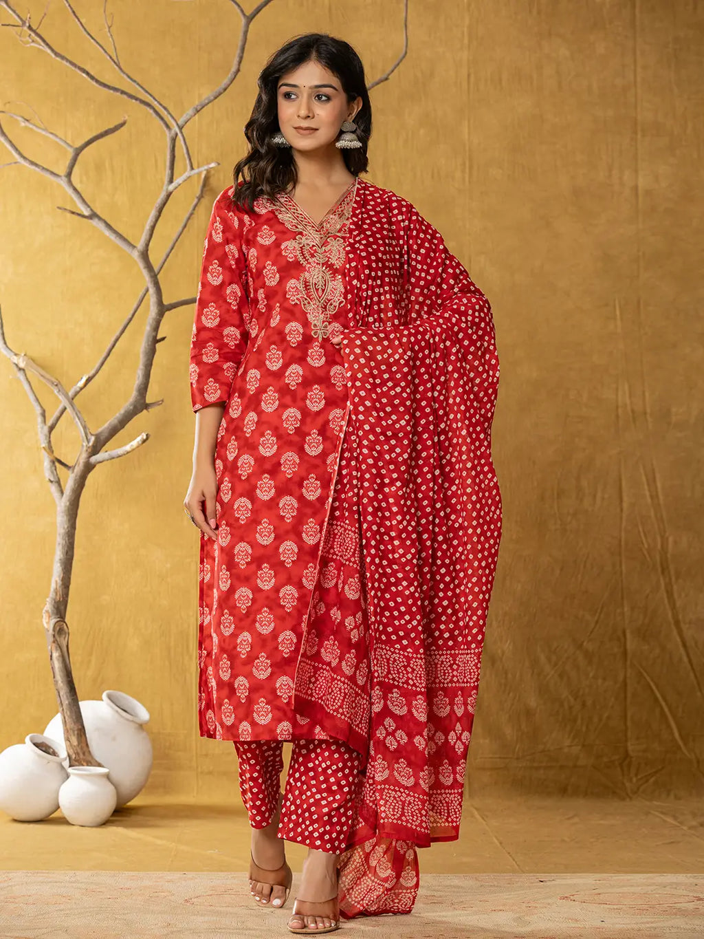 Yufta Red Cotton Zari Work Straight Kurta Dupatta Set | Grocsy