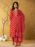 Yufta Red Cotton Zari Work Straight Kurta Dupatta Set | Grocsy
