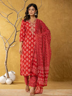 Yufta Red Cotton Zari Work Straight Kurta Dupatta Set | Grocsy