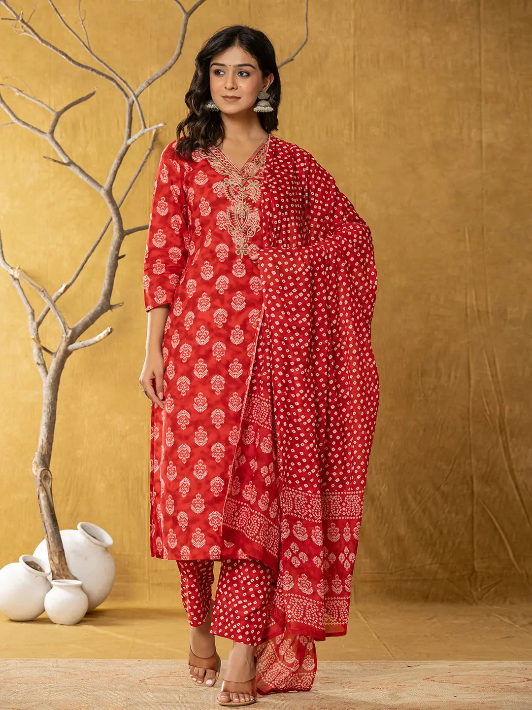 Yufta Red Cotton Zari Work Straight Kurta Dupatta Set | Grocsy