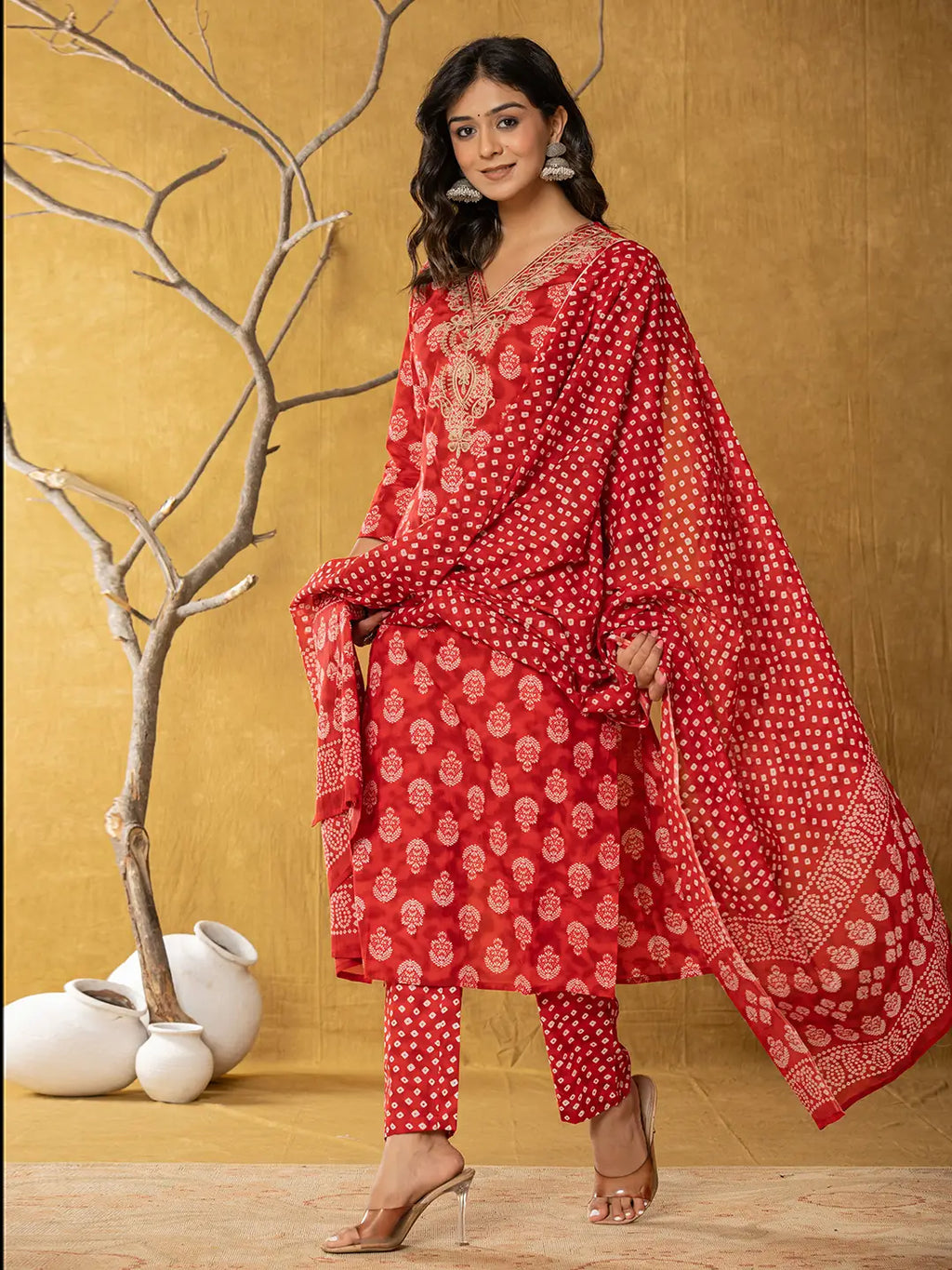 Yufta Red Cotton Zari Work Straight Kurta Dupatta Set | Grocsy