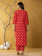 Yufta Red Cotton Zari Work Straight Kurta Dupatta Set | Grocsy