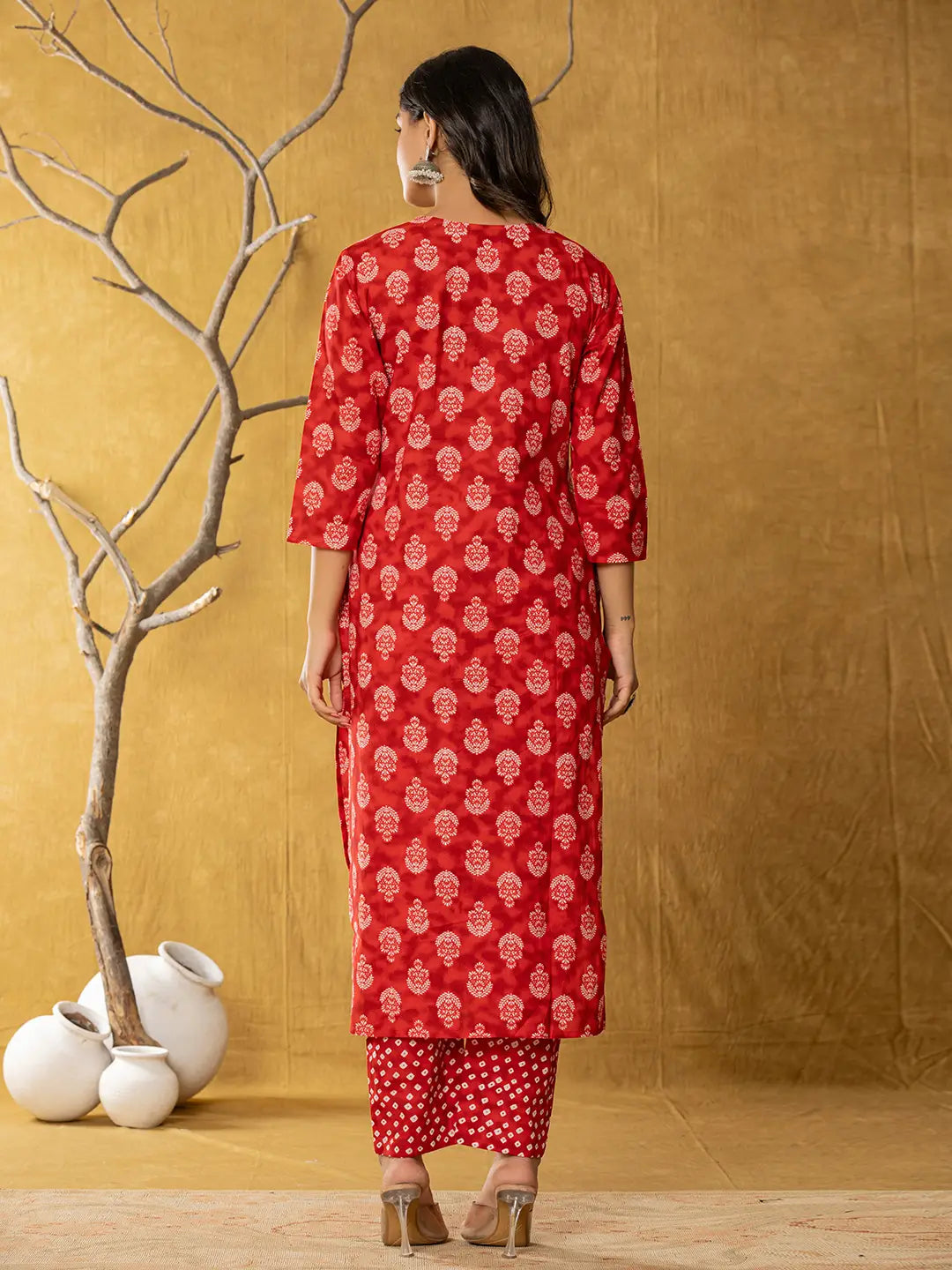 Yufta Red Cotton Zari Work Straight Kurta Dupatta Set | Grocsy