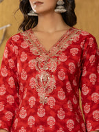 Yufta Red Cotton Zari Work Straight Kurta Dupatta Set | Grocsy