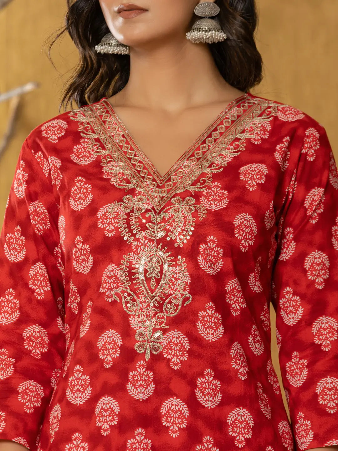 Yufta Red Cotton Zari Work Straight Kurta Dupatta Set | Grocsy