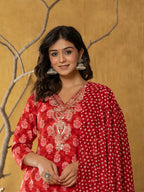 Yufta Red Cotton Zari Work Straight Kurta Dupatta Set | Grocsy